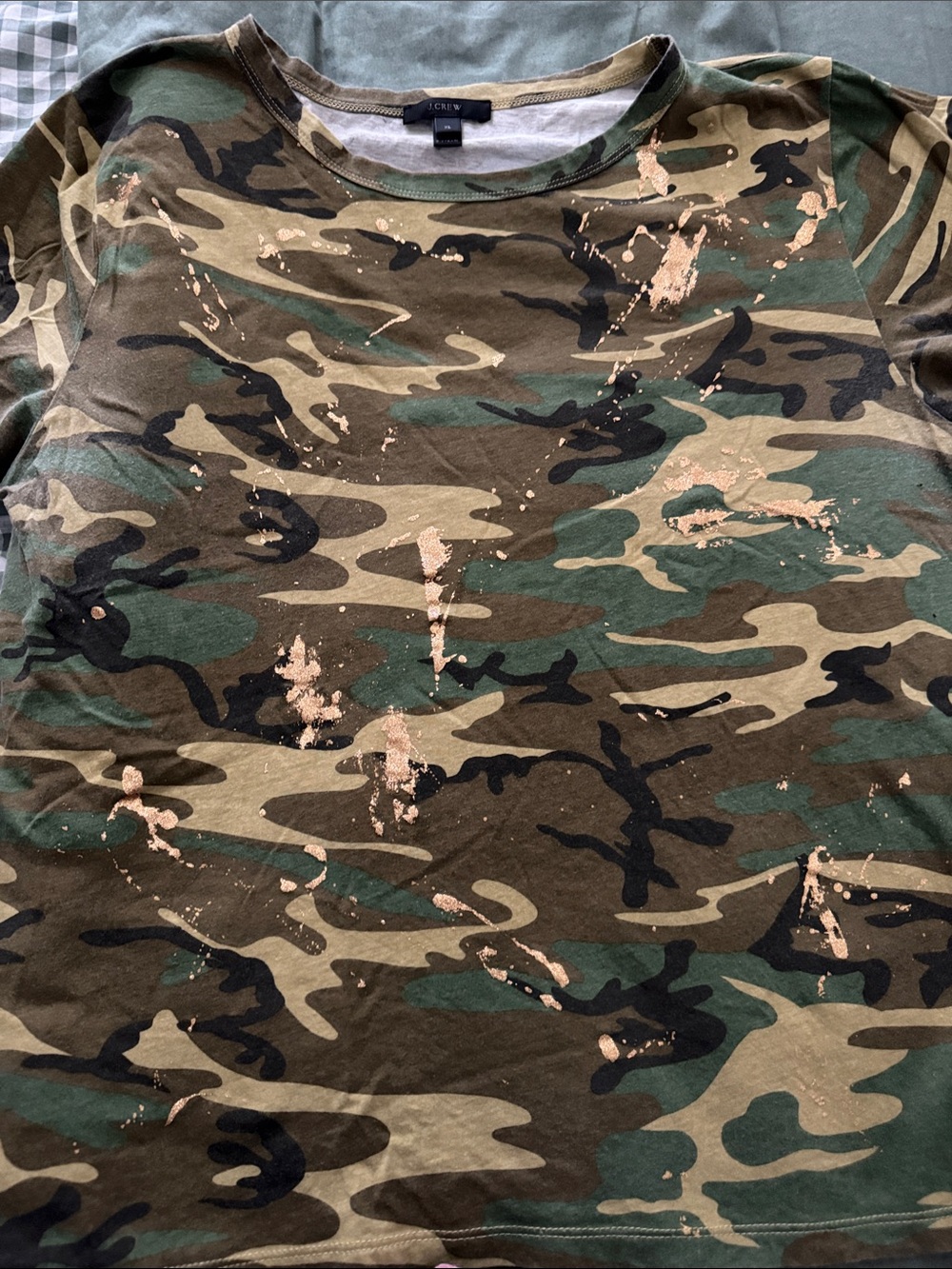 J. Crew Camo short Sleeve Tee with gold Paint-Splatter Accents